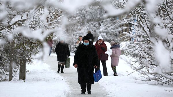 Прохожие на одной из улиц в Краснодаре после снегопада