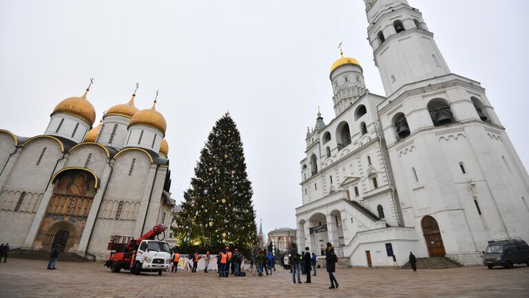 Украшение новогодней елки на Соборной площади Московского Кремля