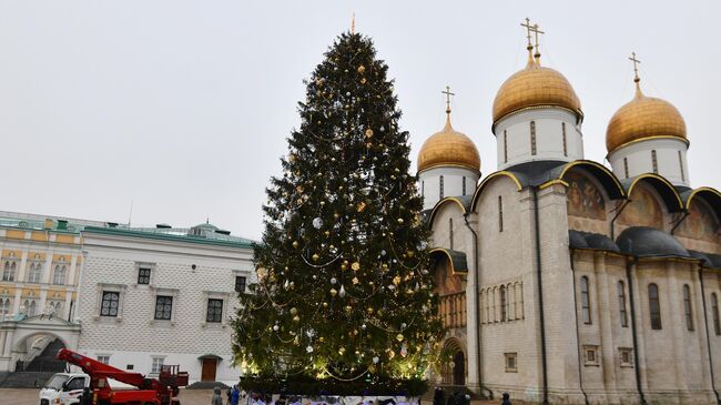 Украшение новогодней елки на Соборной площади Московского Кремля