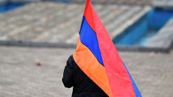 Сторонник оппозиции идет с флагом на митинг на площади Республики в Ереване