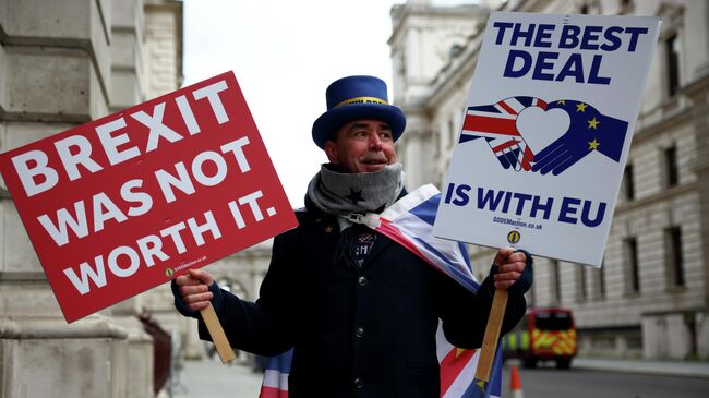 Участник акции протеста против Brexit перед Министерством иностранных дел в Лондоне