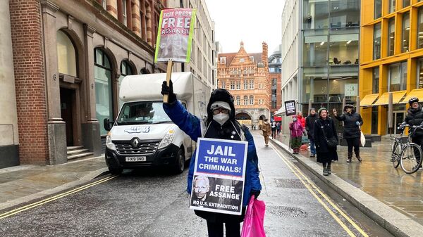Сторонники Джулиана Ассанжа возле здания суда в Лондоне, где рассматривается дело об его экстрадиции в США