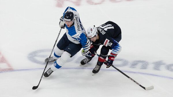 EDMONTON, AB - JANUARY 04: Matthew Beniers #10 of the United States skates against Juuso Parssinen #27 of Finland during the 2021 IIHF World Junior Championship semifinals at Rogers Place on January 4, 2021 in Edmonton, Canada.   Codie McLachlan/Getty Images/AFP