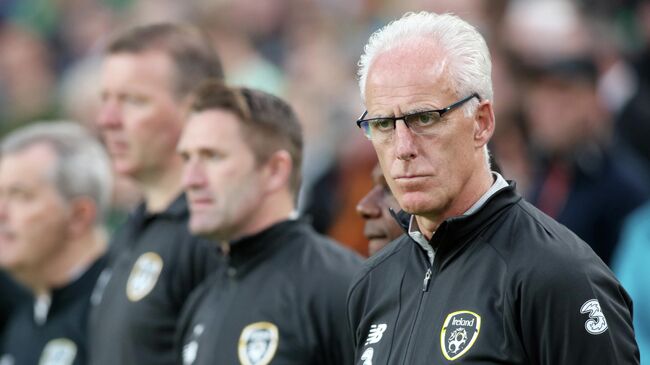 Republic of Ireland manager Mick McCarthy awaits kick off in the Euro 2020 football qualification match between Republic of Ireland and Switzerland at Aviva Stadium in Dublin, Ireland on September 5, 2019. - The game finished 1-1. (Photo by Paul Faith / AFP)