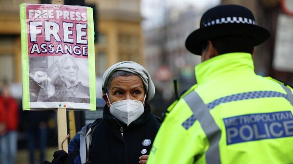 Сторонница Джулиана Ассанжа возле здания суда в Лондоне