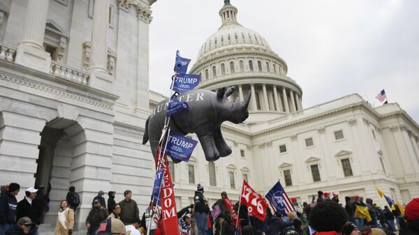 Участники акции протеста сторонников действующего президента США Дональда Трампа у здания конгресса в Вашингтоне