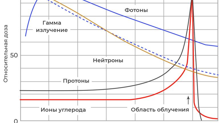 Пик Брэгга для разных видов излучения