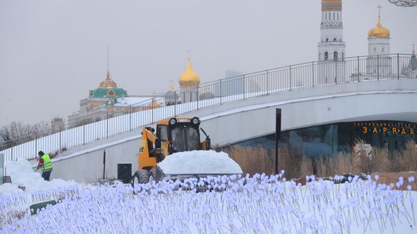 Снегоуборочная техника в природно-ландшафтном парке Зарядье в Москве