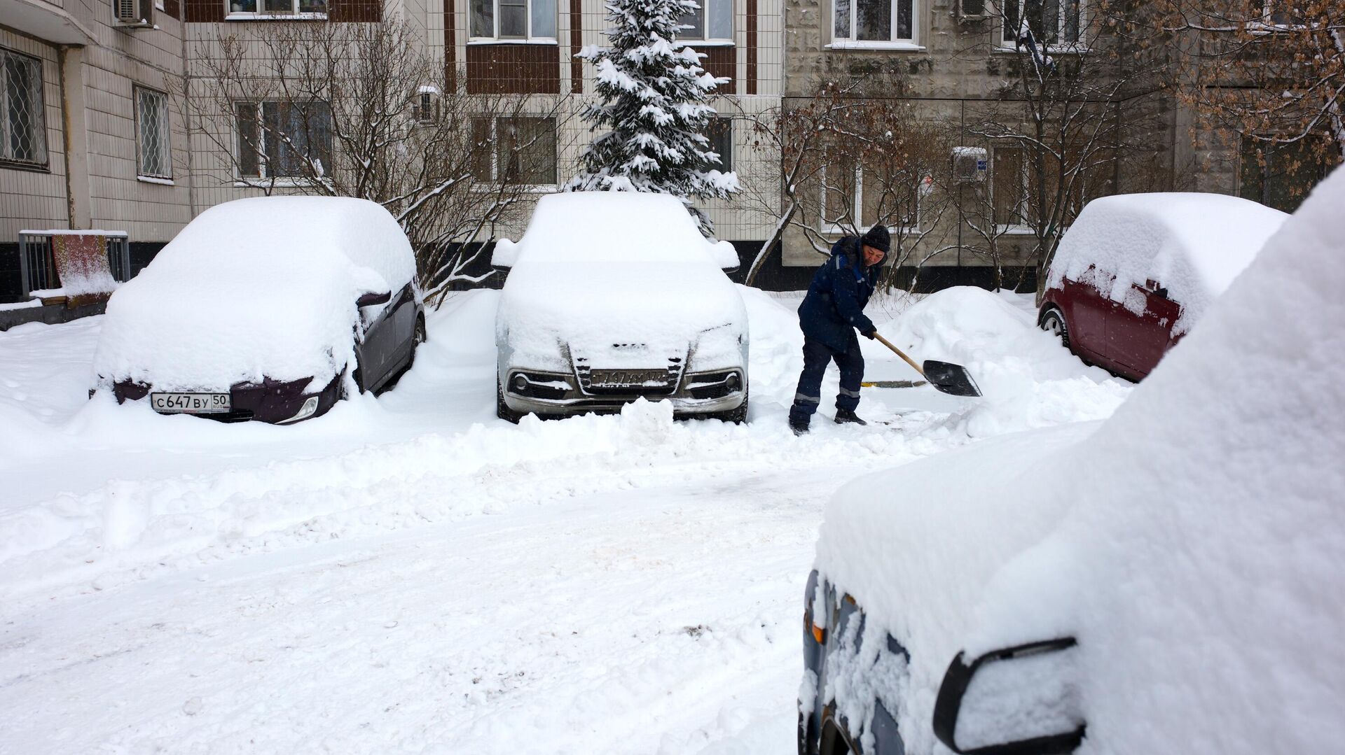 Сотрудник коммунальной службы чистит от снега дорогу во время снегопада в Москве - РИА Новости, 1920, 11.02.2021