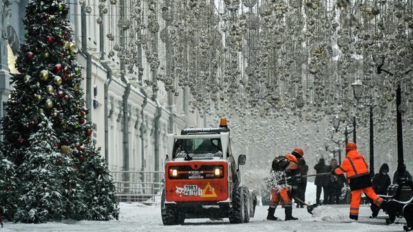 Сотрудники муниципальных служб чистят снег на одной из улиц в Москве