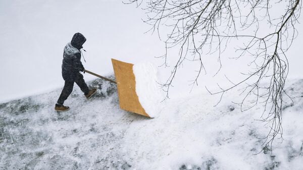 Сотрудник коммунальной службы убирает снег в Москве