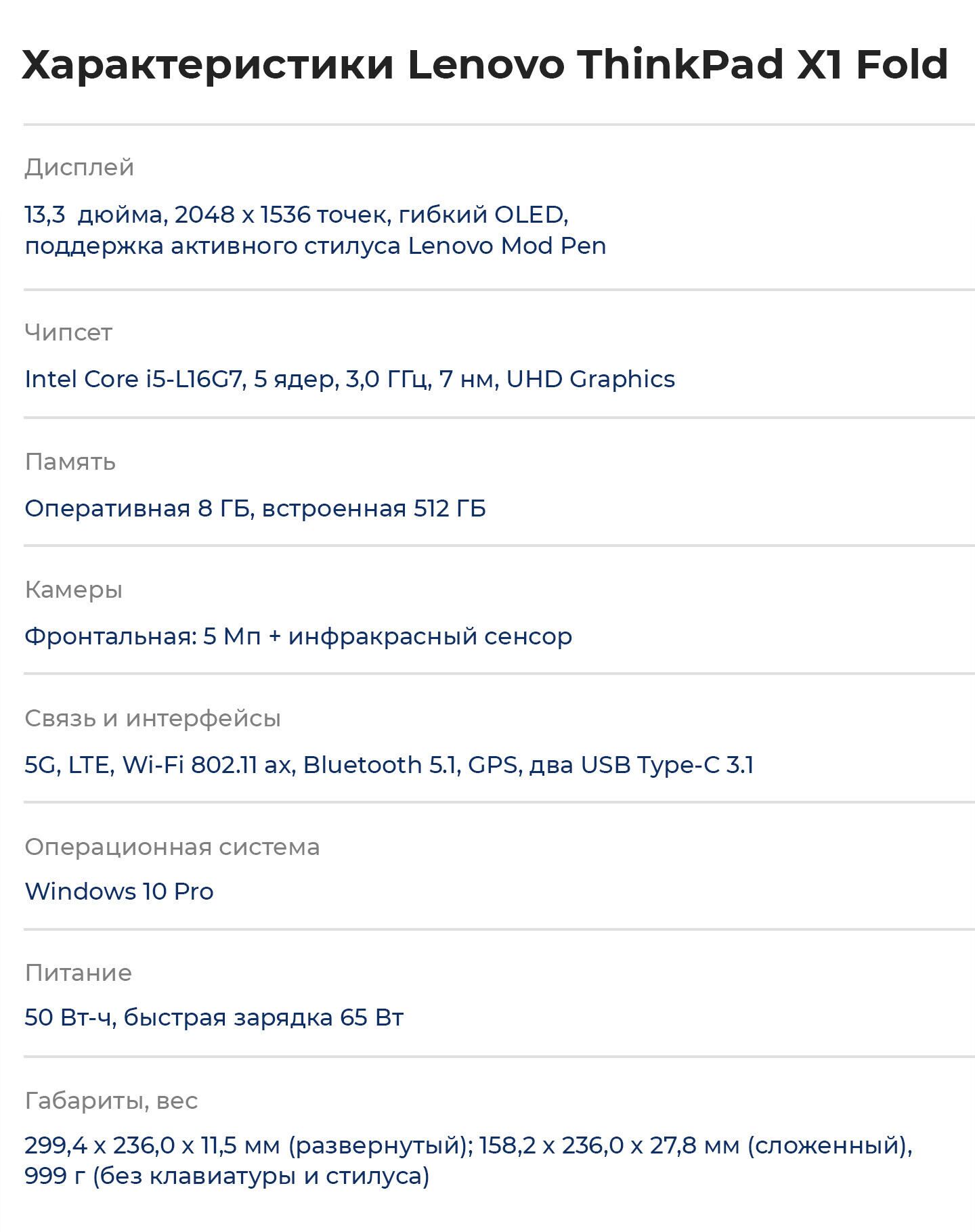Характеристики Lenovo ThinkPad X1 Fold - РИА Новости, 1920, 22.01.2021