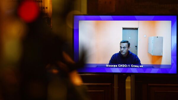 Алексей Навальный, находящийся в СИЗО-1 Москвы, на экране монитора во время заседания Московского областного суда
