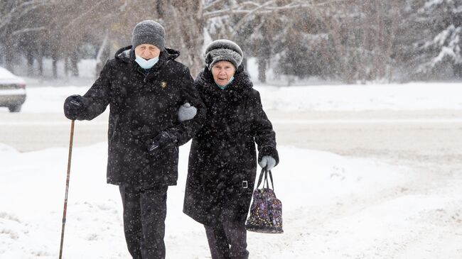 Прохожие на улице Новосибирска во время снегопада