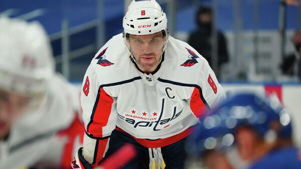 BUFFALO, NY - JANUARY 14: Alex Ovechkin #8 of the Washington Capitals during the game against the Buffalo Sabres at KeyBank Center on January 14 , 2021 in Buffalo, New York.   Kevin Hoffman/Getty Images/AFP