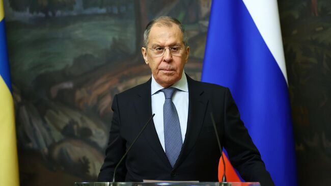 Министр иностранных дел РФ Сергей Лавров на пресс-конференции по итогам встречи с министром иностранных дел Швеции Анн Линде в Москве