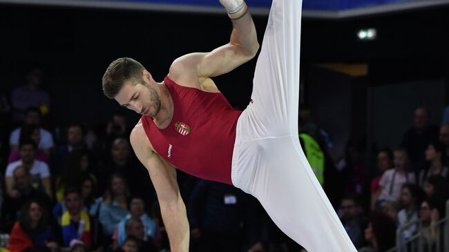 Silver medal winner Krisztian Berki  of Hungary performs during the pommel horse apparatus final for the European Artistic Gymnastics Championship in Cluj Napoca, Romania April 22, 2017. (Photo by Daniel MIHAILESCU / AFP)