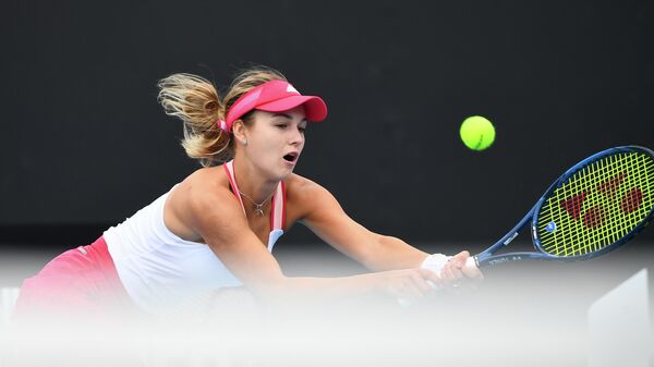 Russia's Anna Kalinskaya hits a return against Britain's Katie Boulter during their Gippsland Trophy women's singles tennis match in Melbourne on February 1, 2021. (Photo by William WEST / AFP)