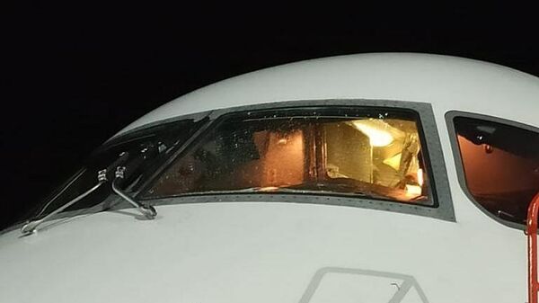 Самолет Embraer 190 компании Икар, совершивший вынужденную посадку в аэропорту Стригино из-за трещин на лобовом стекле