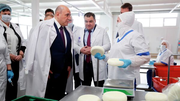 Председатель правительства РФ Михаил Мишустин во время посещения молочного завода Тамбовский в Адыгее