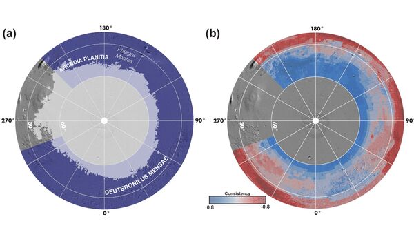 Карты северной полярной области Марса. Слева: серым — зона устойчивости льда, фиолетовым — области исследования SWIM. Справа: степень согласованности различных методов, подтверждающих наличие (синим) или отсутствие (красным) погребенного льда