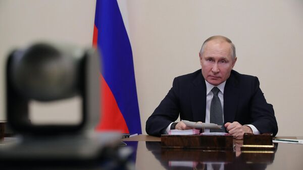Президент РФ Владимир Путин принимает участие в режиме видеоконференции в совещании судей судов общей юрисдикции и арбитражных судов по итогам работы в 2020 году и по задачам на 2021 год