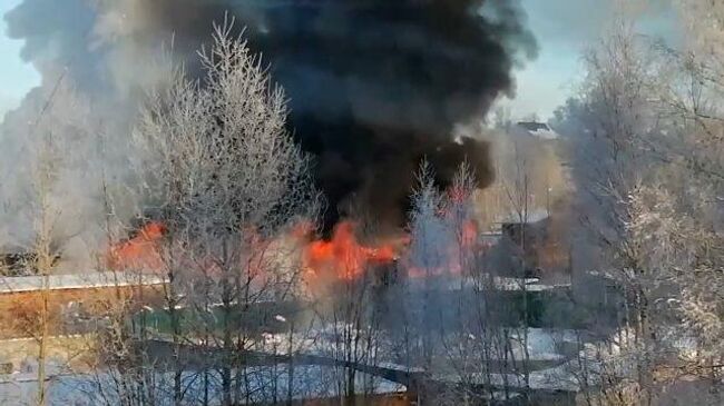 Огонь и клубы дыма поднимаются над складом в Санкт-Петербурге