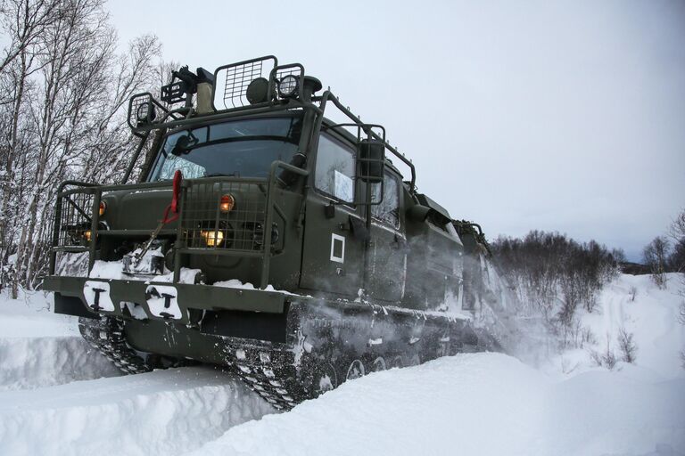 Военнослужащие разведывательного подразделения Печенгской бригады Северного флота на занятиях по тактической подготовке на боевых арктических вездеходах Алеут в Печенгском районе Мурманской области