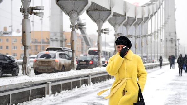 Девушка идет по Крымскому мосту во время снегопада в Москве