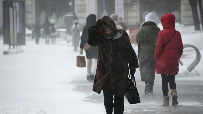 Прохожие во время снегопада в центре Москвы