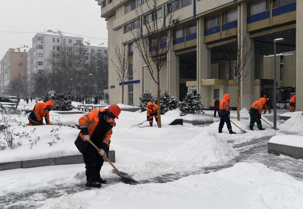 Сотрудники коммунальных служб расчищают тротуар во время снегопада на Зубовском бульваре в Москве