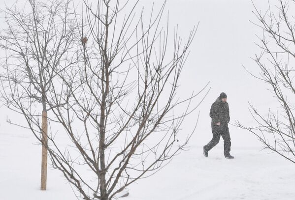 Мужчина во время снегопада в Москве