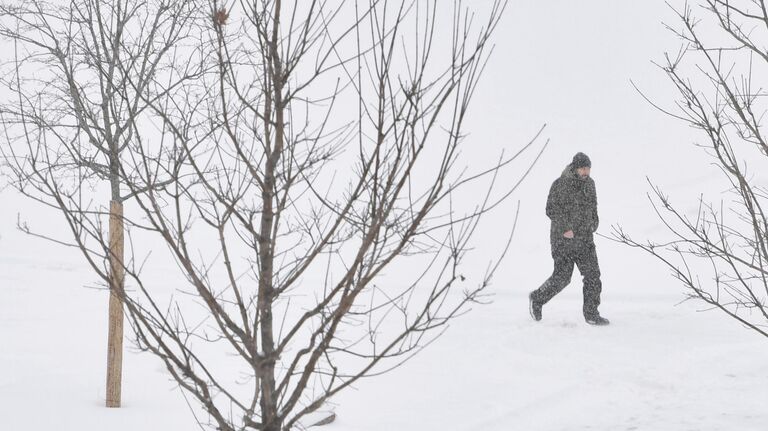 Мужчина во время снегопада в Москве