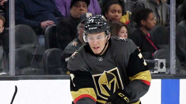 LAS VEGAS, NEVADA - SEPTEMBER 29: Valentin Zykov #7 of the Vegas Golden Knights skates with the puck against the San Jose Sharks in the second period of their preseason game at T-Mobile Arena on September 29, 2019 in Las Vegas, Nevada. The Golden Knights defeated the Sharks 5-1.   Ethan Miller/Getty Images/AFP