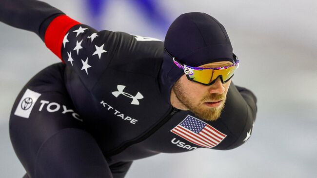 USA's Joey Mantia competes in the 1500 meters men during the World Cup speed skating in Heerenveen, on January 23, 2021. (Photo by Vincent Jannink / ANP / AFP) / Netherlands OUT