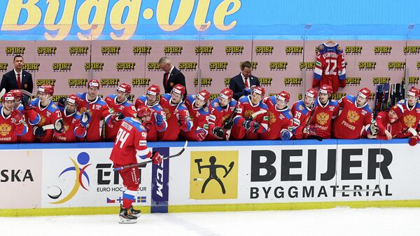 Ice Hockey - Beijer Hockey Games - Sweden v Russia - Malmo Arena, Malmo, Sweden - February 13, 2021 Russia's Vladimir Butuzov celebrates with teammates after scoring a penalty TT News Agency via REUTERS/Anders Bjuro/tt THIS IMAGE HAS BEEN SUPPLIED BY A THIRD PARTY. IT IS DISTRIBUTED, EXACTLY AS RECEIVED BY REUTERS, AS A SERVICE TO CLIENTS. SWEDEN OUT. NO COMMERCIAL OR EDITORIAL SALES IN SWEDEN..