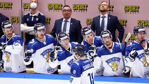 Finland's Vili Saarijarvi celebrates scoring with his team-mates during the Beijer Hockey Games (Euro Hockey Tour) ice hockey match between Finland and Czech Republic in Malmo on February 13, 2021. (Photo by Anders Bjuro / TT NEWS AGENCY / AFP) / Sweden OUT