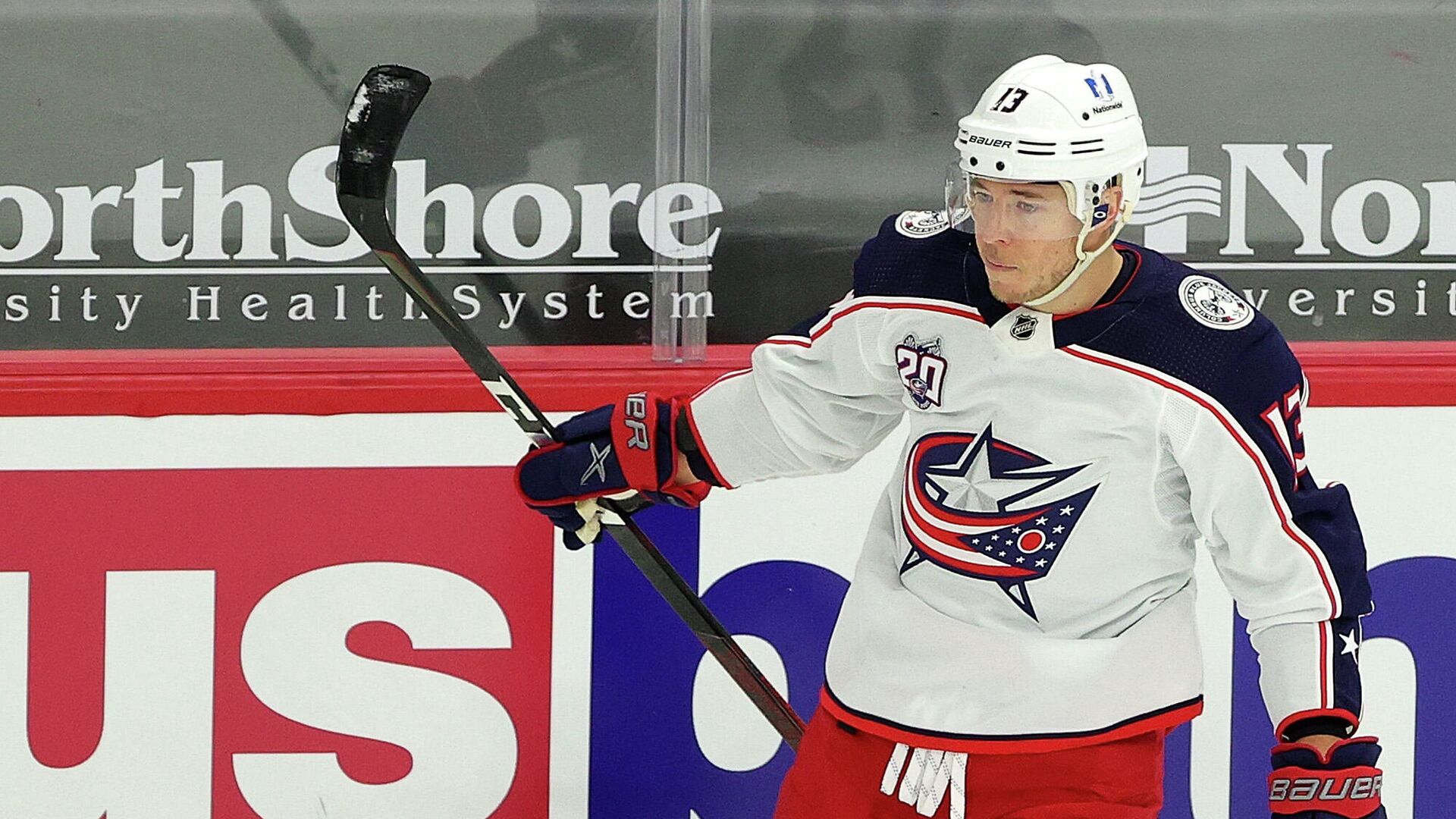 CHICAGO, ILLINOIS - FEBRUARY 11: Cam Atkinson #13 of the Columbus Blue Jackets celebrate a goal during the first period against the Chicago Blackhawks at the United Center on February 11, 2021 in Chicago, Illinois.   Stacy Revere/Getty Images/AFP - РИА Новости, 1920, 15.02.2021