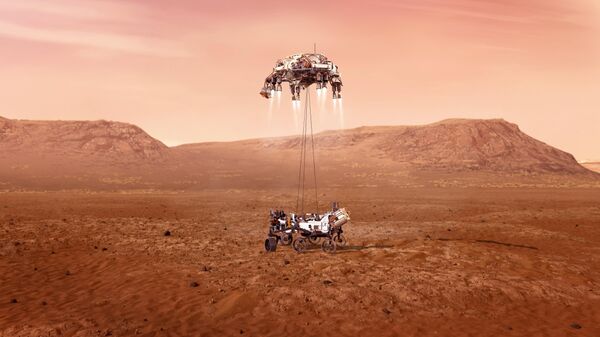 Художественное изображение  момента посадки марсохода NASA Персеверанс
