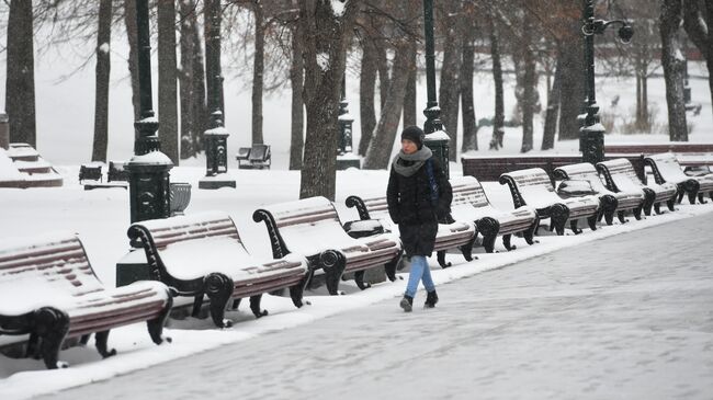 Девушка в Александровском саду во время снегопада в Москве