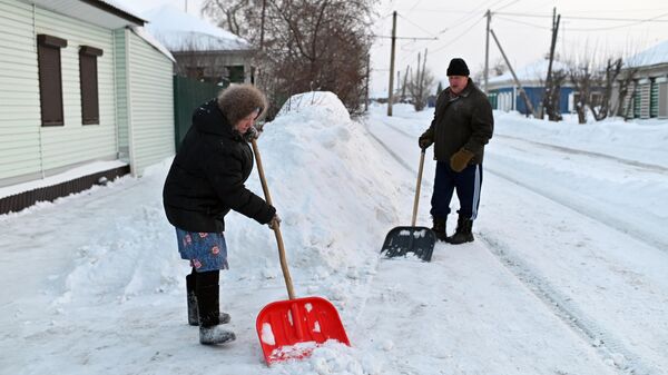 Жители частного сектора во время уборки снега после метели на улице Омска