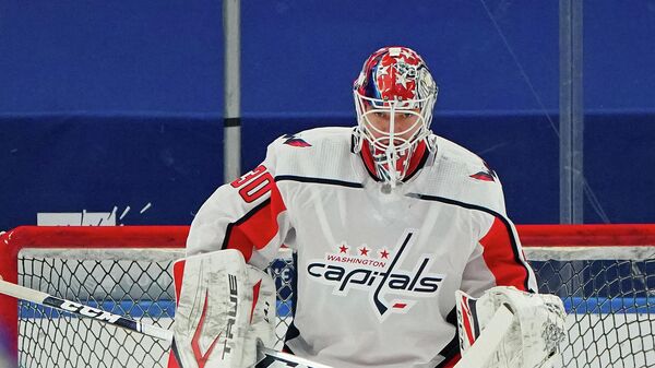 BUFFALO, NY - JANUARY 14: Ilya Samsonov #30 of the Washington Capitals before the game against the Buffalo Sabres at KeyBank Center on January 14 , 2021 in Buffalo, New York.   Kevin Hoffman/Getty Images/AFP (Photo by Kevin Hoffman / GETTY IMAGES NORTH AMERICA / Getty Images via AFP)