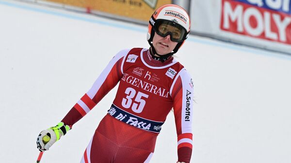 Austria's Rosina Schneeberger reacts in the finish area during the FIS Alpine Ski Women's World Cup downhill, in Val di Fassa, northern Italy Alps, on February 27, 2021. (Photo by MIGUEL MEDINA / AFP)