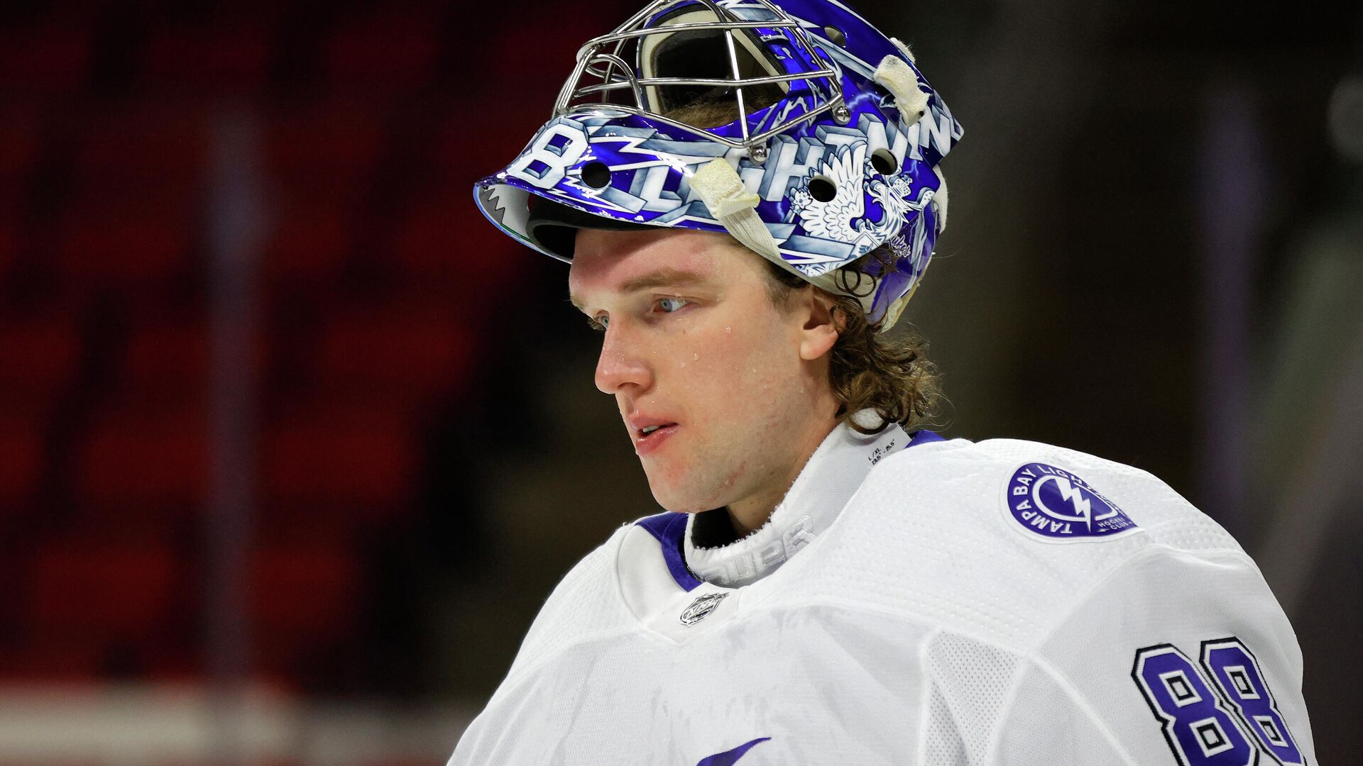 RALEIGH, NORTH CAROLINA - FEBRUARY 22: Andrei Vasilevskiy #88 of the Tampa Bay Lightning looks on during the first period of their game against the Carolina Hurricanes at PNC Arena on February 22, 2021 in Raleigh, North Carolina.   Jared C. Tilton/Getty Images/AFP (Photo by Jared C. Tilton / GETTY IMAGES NORTH AMERICA / Getty Images via AFP) - РИА Новости, 1920, 01.03.2021