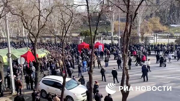 Сторонники оппозиции у здания парламента Армении в Ереване. Кадр видео