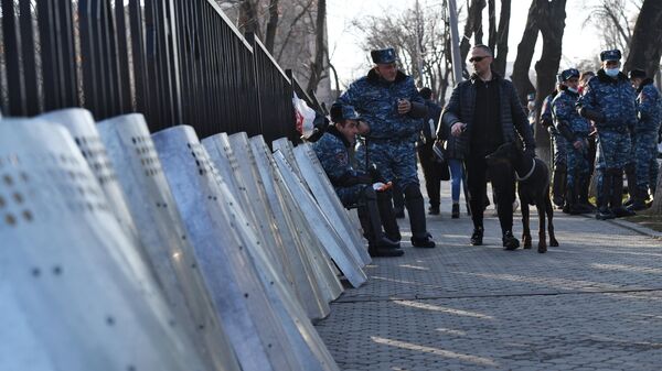 Сотрудники полиции на улице Еревана во время митинга оппозиции
