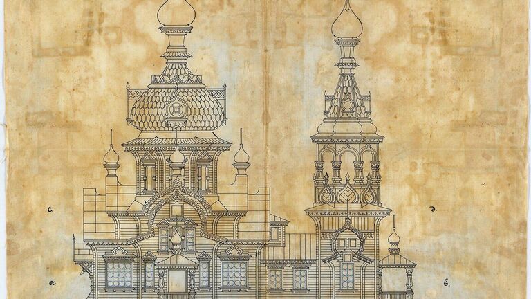 Рисунок бокового фасада деревянной церкви Сергия Радонежского возле дачной платформы Шереметевка Казанской железной дороги