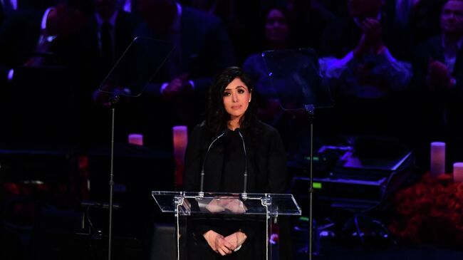 Kobe Bryant's wife Vanessa Bryant speaks during the Celebration of Life for Kobe and Gianna Bryant service at Staples Center in Downtown Los Angeles on February 24, 2020. - Kobe Bryant, 41, and 13-year-old Gianna were among nine people killed in a helicopter crash in the rugged hills west of Los Angeles on January 26. (Photo by Frederic J. BROWN / AFP)