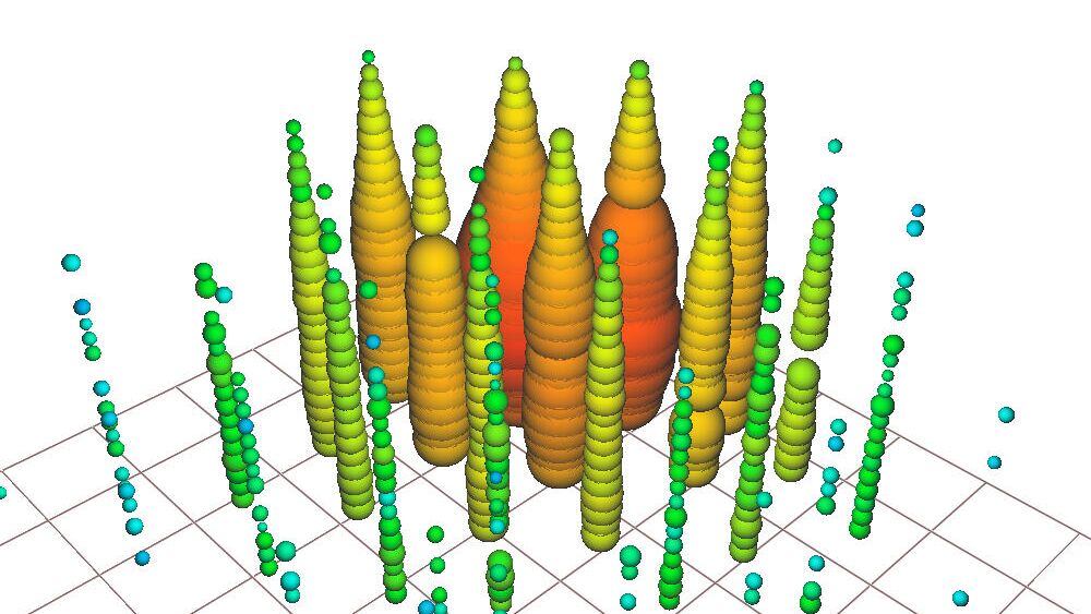 Визуализация резонанса Глэшоу, записанного детекторами IceCube. Каждый цветной кружок показывает датчик, сработавший в результате события - РИА Новости, 1920, 10.03.2021