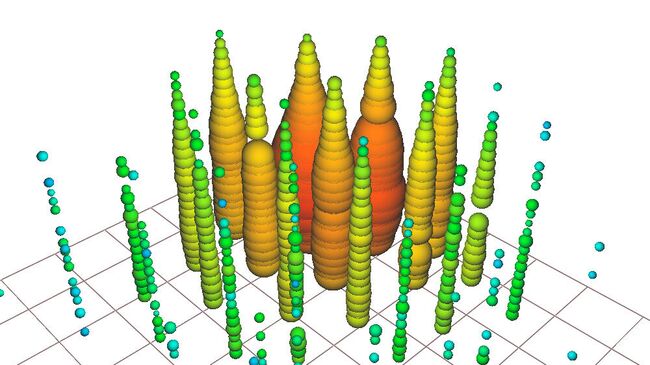 Визуализация резонанса Глэшоу, записанного детекторами IceCube. Каждый цветной кружок показывает датчик, сработавший в результате события